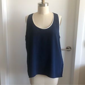 Judith and Charles Sleeveless Navy Silk White Trim Top